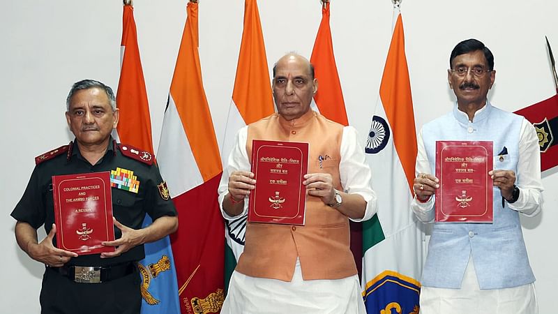 Defence minister Rajnath Singh (C) with Chief of Defence Staff General Anil Chauhan and Union Minister of State for Defence Sanjay Seth during the launch of a book ‘Colonial Practices and the Armed Forces - A Review’, in Lucknow on 5 September 2024